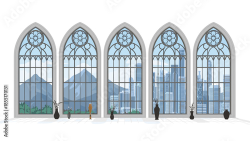 Five ornate gothic-style arched windows offering diverse scenic views, ranging from majestic mountains to a modern bustling cityscape.