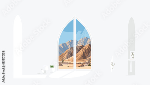 Elegant gothic-style arched window perfectly framing a picturesque view of a vast desert mountain landscape with cacti under a clear sky.