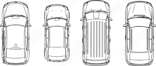 Top view vehicles line art drawing icons set with sedans, SUV and pickup truck vector.eps