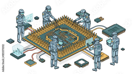 Advanced robots in sterile clean suits meticulously assembling and working on a massive, intricate computer chip, symbolizing future technology.
