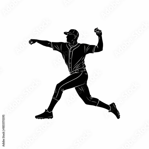 Professional Baseball Pitcher Throwing Ball Silhouette Isolated on White