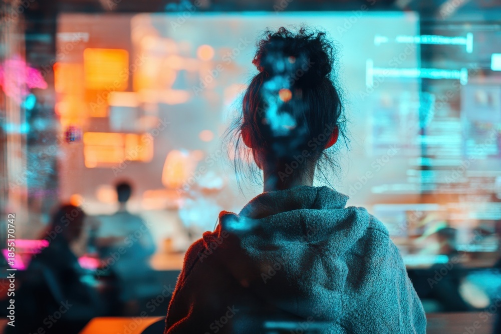 Obraz premium Young woman engaged in data analysis while observing digital projections in a modern workspace