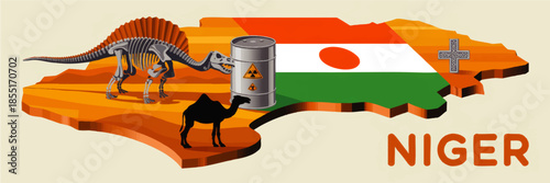 Niger map illustration with national flag, dinosaur fossil, nuclear barrel, desert camel and cross symbol, African geology concept