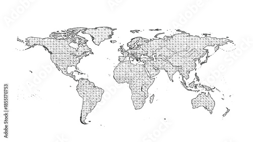 Detailed world map illustration with a complex black and white abstract geometric or circuit board pattern on a clean background.