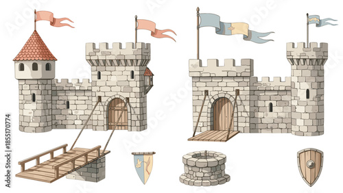 Illustrated set of medieval stone castles with flags and drawbridges, along with a well and a shield for fantasy designs.