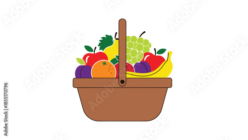 Classic brown picnic basket with a handle, overflowing with a delicious and colorful variety of fresh fruits, isolated on white.