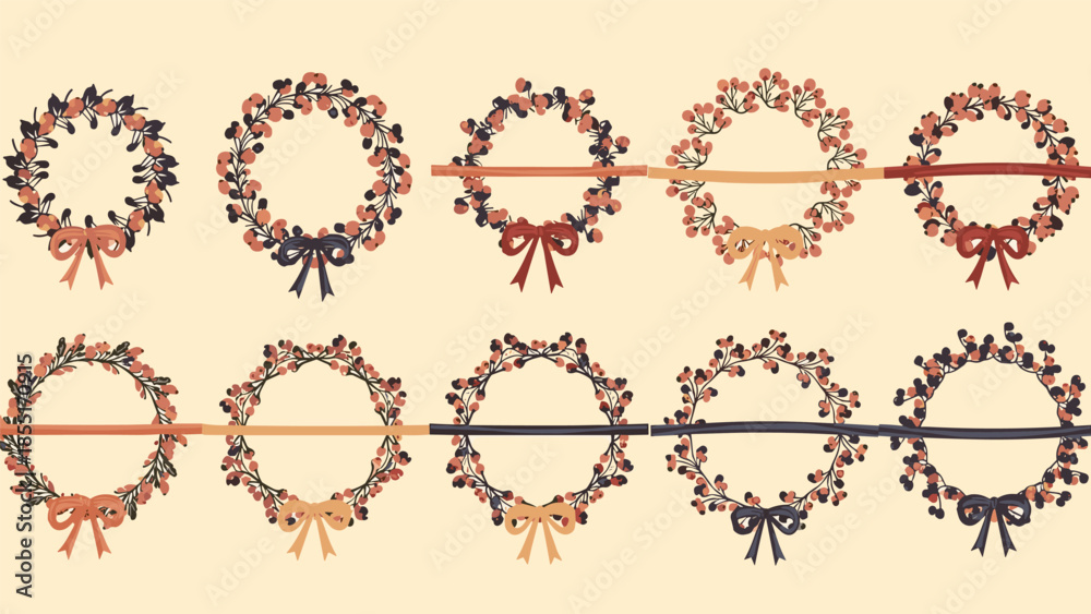Obraz premium Set of hand-drawn autumn and fall wreaths decorated with rustic berries and bows in warm, earthy tones for seasonal designs.