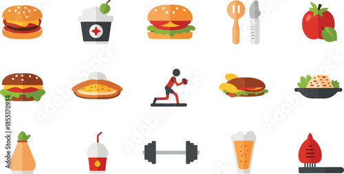 Colorful illustrations of healthy and unhealthy food options with fitness elements