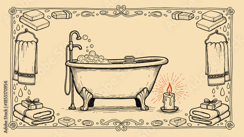 Hand-drawn vintage bathroom scene featuring a classic clawfoot tub with bubbles, framed by towels, soap, and a lit candle.