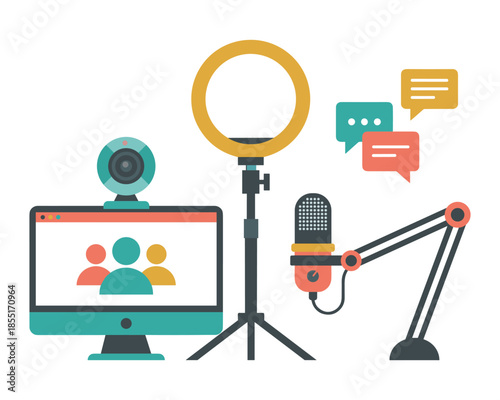 Podcasting equipment set vector illustration for online video content creation