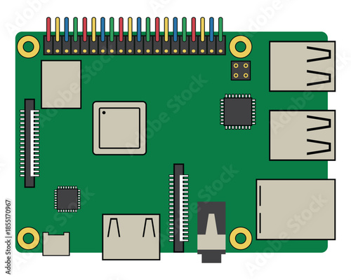Raspberry pi microcomputer board vector illustration with electronic components