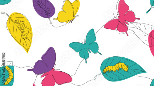 Seamless pattern showing the life cycle of a butterfly, with colorful insects and caterpillars on leaves in a whimsical doodle style.