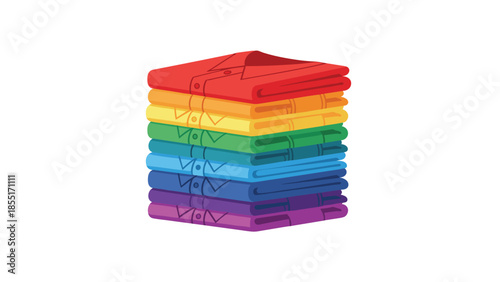 Neatly folded stack of colorful shirts arranged in a vibrant rainbow spectrum, symbolizing diversity, LGBTQ+ pride, and organized laundry.