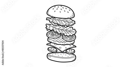 Hand-drawn black and white illustration of an exploded burger, showing all the individual ingredients floating between the buns.