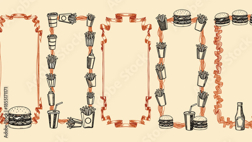 Hand-drawn collection of vintage-style rectangular frames and borders with a fast food theme, featuring burgers, fries, and drinks.