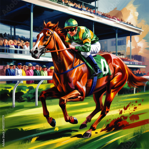 Dynamic horse racing illustration with jockey in green silks sprinting on track, colorful crowd in grandstand, vibrant sport art