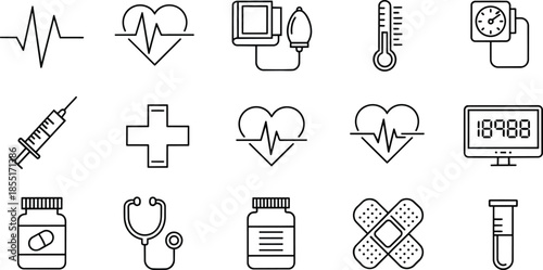 Medical icons depict healthcare symbols and equipment for health monitoring and treatment purposes.