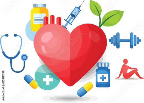 Health and wellness concept with heart and medical symbols around it for healthy lifestyle