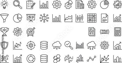 Business analytics line icon set, data visualization, charts, reports, strategy, finance, management tools, dashboard elements, vector outline collection