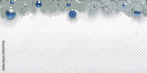 Festive blue christmas ornaments and pine branches on a transparent background