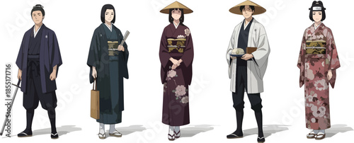 Traditional Japanese people wearing kimono standing in a row with accessories hasil akhir 67