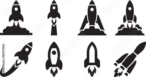 Collection of eight black rocket ship in various launch and flight poses spaceship space travel