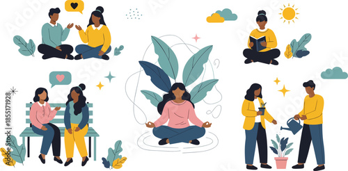 People interacting and meditating in a serene outdoor setting with nature