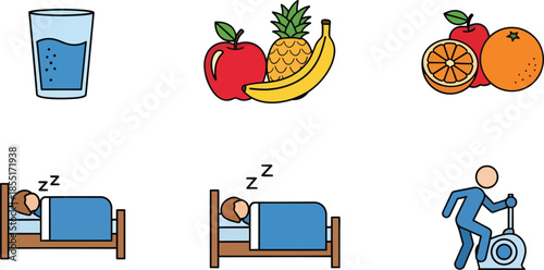 People sleeping and exercising with healthy food and drink around them
