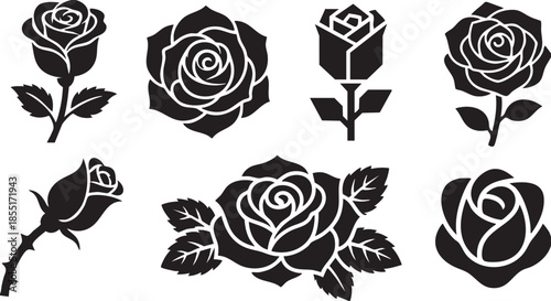 Collection of seven black silhouette rose with leaves and stems flower white