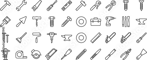 tools, hardware, construction, icons, vector, carpentry, repair, equipment, DIY, wrench, hammer, saw, drill, utility, workshop