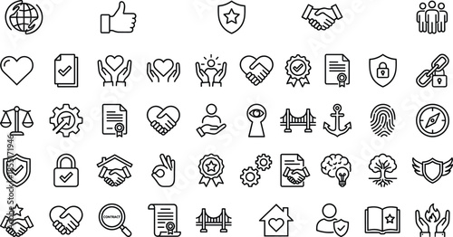 trust, security, integrity, collaboration, protection, handshake, shield, ethics, support, agreement, justice, contract, reliability, icons, vector