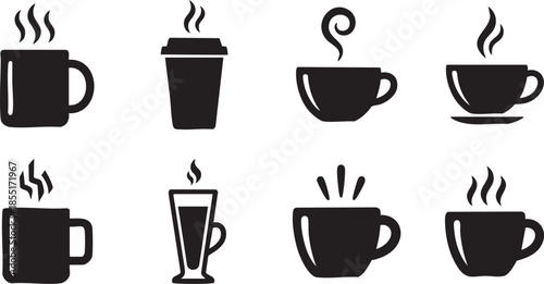 Collection of eight black silhouette of hot beverages in cups and mugs coffee drink