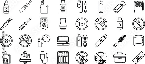 vape, vaping, icons, vector, e-cigarette, device, coil, battery, mod, pod, liquid, safety, charger, vapor, hardware