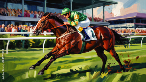 Dynamic racehorse and jockey sprinting on grass track, colorful crowd at grandstand, vibrant equestrian sports illustration