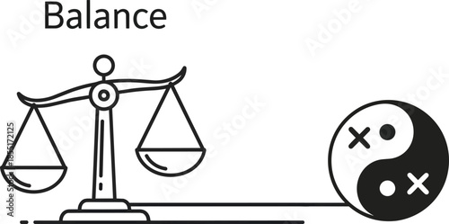 The balance scale and yin yang symbol represent harmony and equilibrium in a simple illustration.