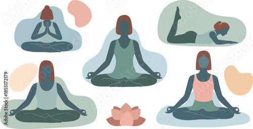 People practicing yoga in various meditation poses on colorful abstract backgrounds with lotus flowers.
