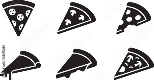 Six black and white of pizza slices with various toppings and melted cheese food