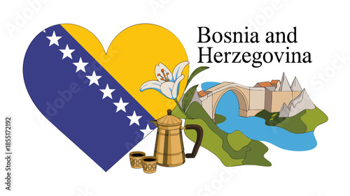 Bosnia and Herzegovina tourism illustration with heart flag, Mostar bridge, traditional coffee pot, lily flower and scenic landscape