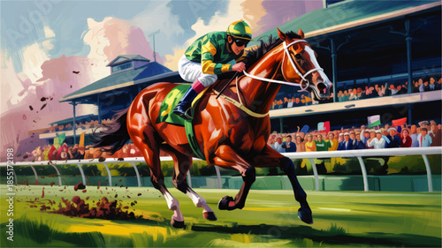 Dynamic horse racing illustration with jockey sprinting on track, vibrant crowd in grandstand, colorful sports competition artwork