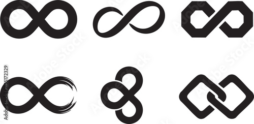 Six black infinity symbols in various styles on white background loop endless eternal