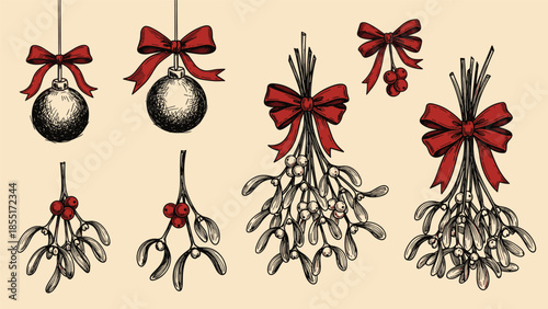 Vintage hand-drawn collection of Christmas decorations, including festive mistletoe bunches and ornaments with elegant red bows.