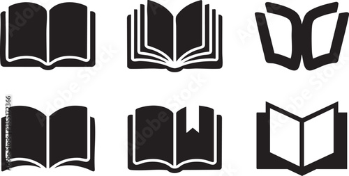 Six black open book with varying page and cover styles read study knowledge