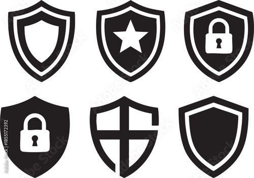 Six black shield with white outlines and internal symbols including a lock and star security protection