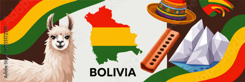 Colorful Bolivia travel illustration with llama, flag map, Andean mountains, pan flute and traditional hat on festive background