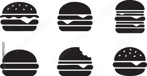Six black silhouette hamburger with varying ingredients and one bitten food