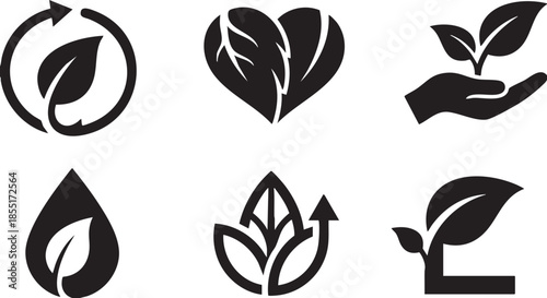Six black silhouette representing nature growth and recycling concepts leaf recycle water