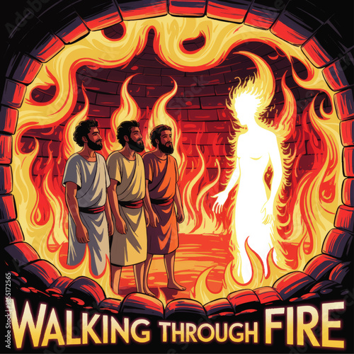 Fiery furnace Bible illustration of three men with glowing angelic figure, walking through flames, Christian faith and protection
