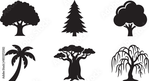 Six distinct black tree silhouettes including palm pine baobab and weeping willow white nature