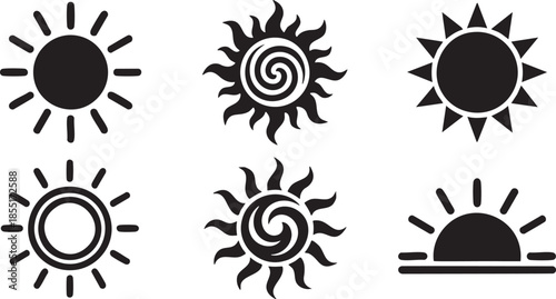 Six black sun with varied ray on white background symbol