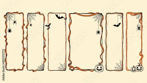 Set of spooky hand-drawn vertical frames for Halloween, decorated with spiders, cobwebs, bats, and jack-o-lantern pumpkins.